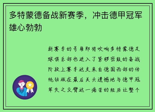 多特蒙德备战新赛季，冲击德甲冠军雄心勃勃