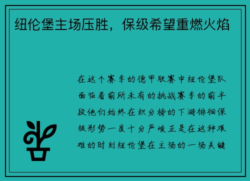 纽伦堡主场压胜，保级希望重燃火焰