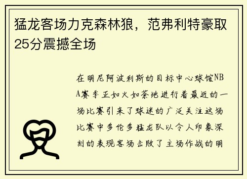 猛龙客场力克森林狼，范弗利特豪取25分震撼全场